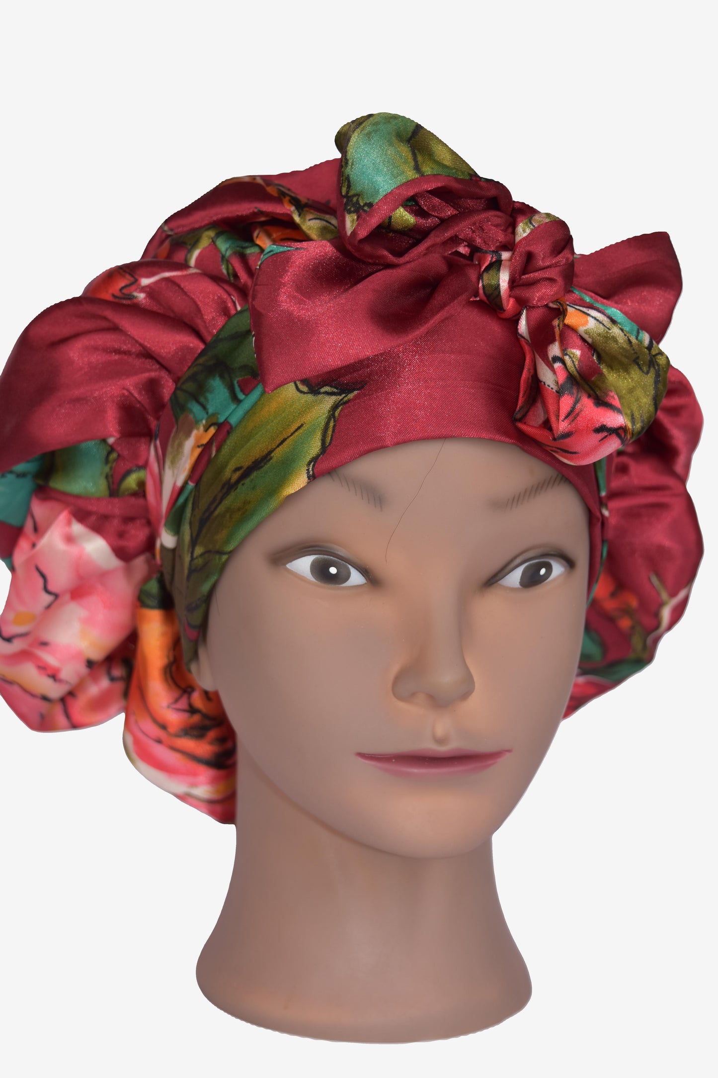 Crimson Bloom Satin Tie Bonnet
