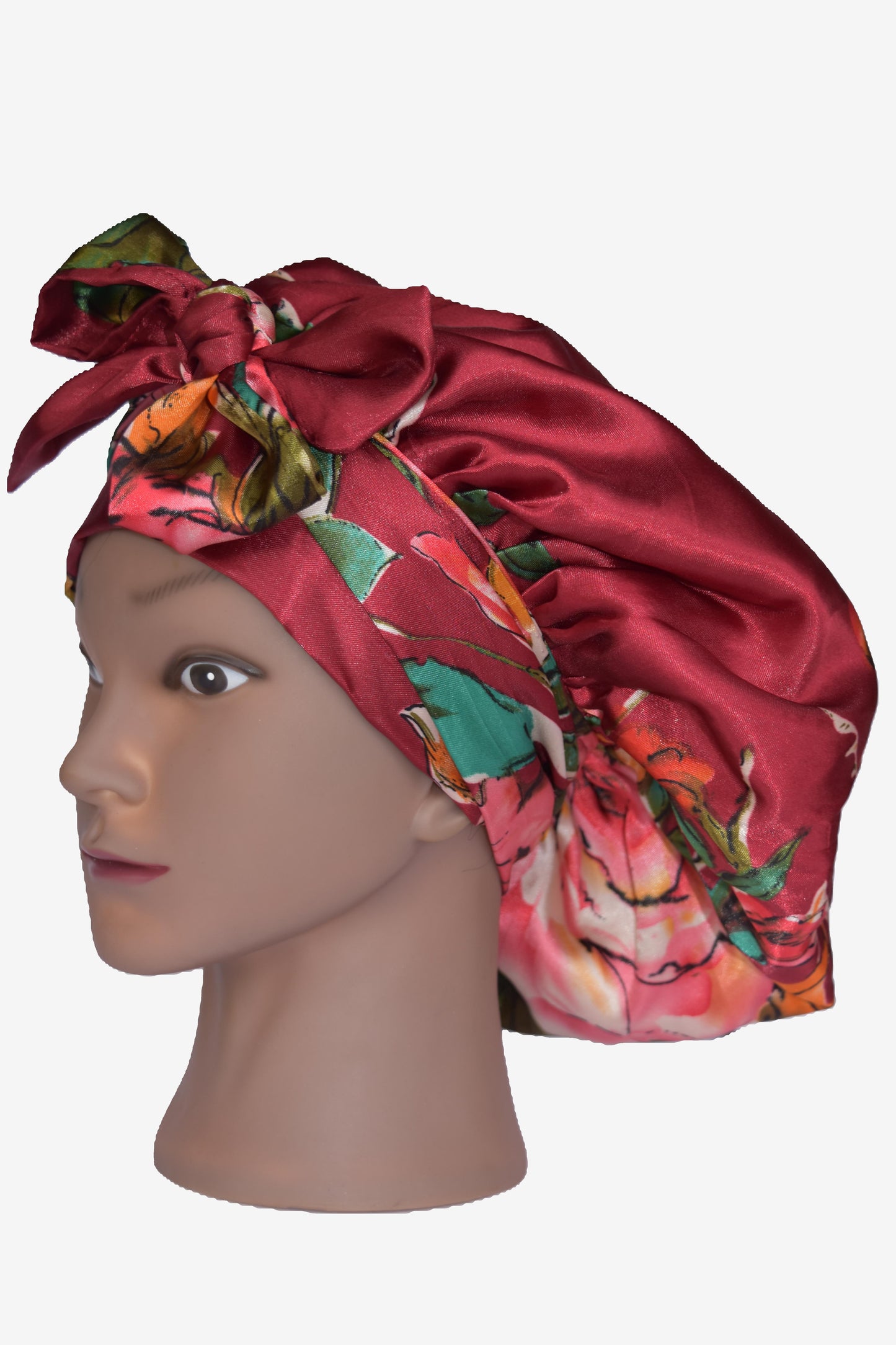 Crimson Bloom Satin Tie Bonnet