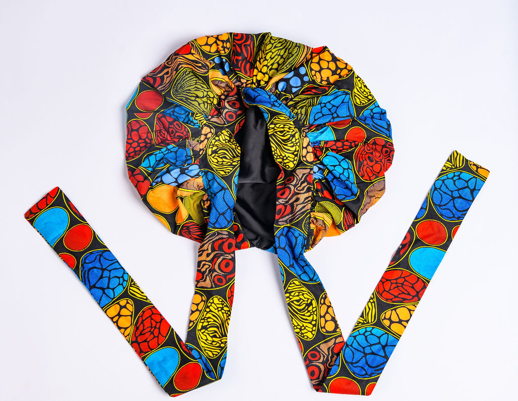 Silk lined cotton tie bonnet for overnight hair protection