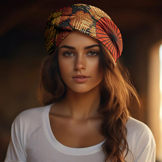 Brown and orange floral African print headwrap for natural, curly, and coily hair – lightweight fabric with geometric design.