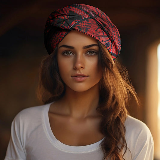Woman wearing red abstract African print headwrap with bold geometric design, styled for curly and natural hair.