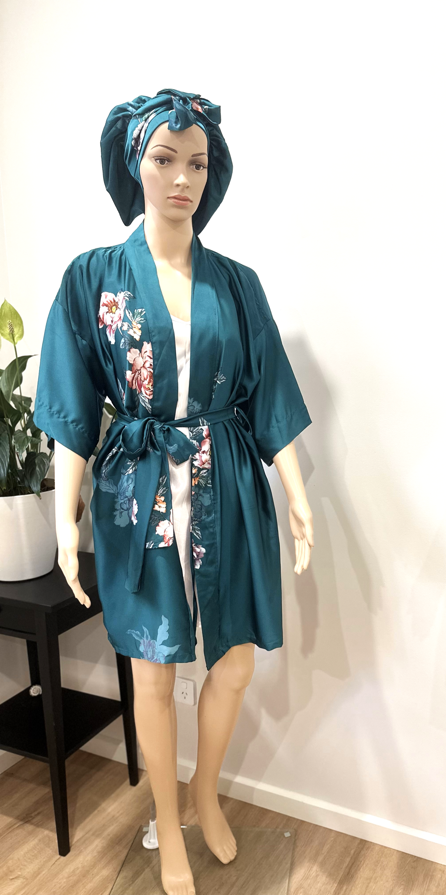 Nia Satin Robe, slip and Bonnet Set