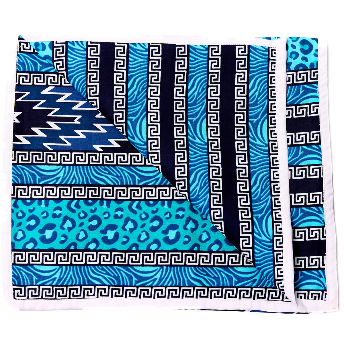Blue and black African print headwrap featuring zebra, leopard, and Greek key patterns on soft fabric.