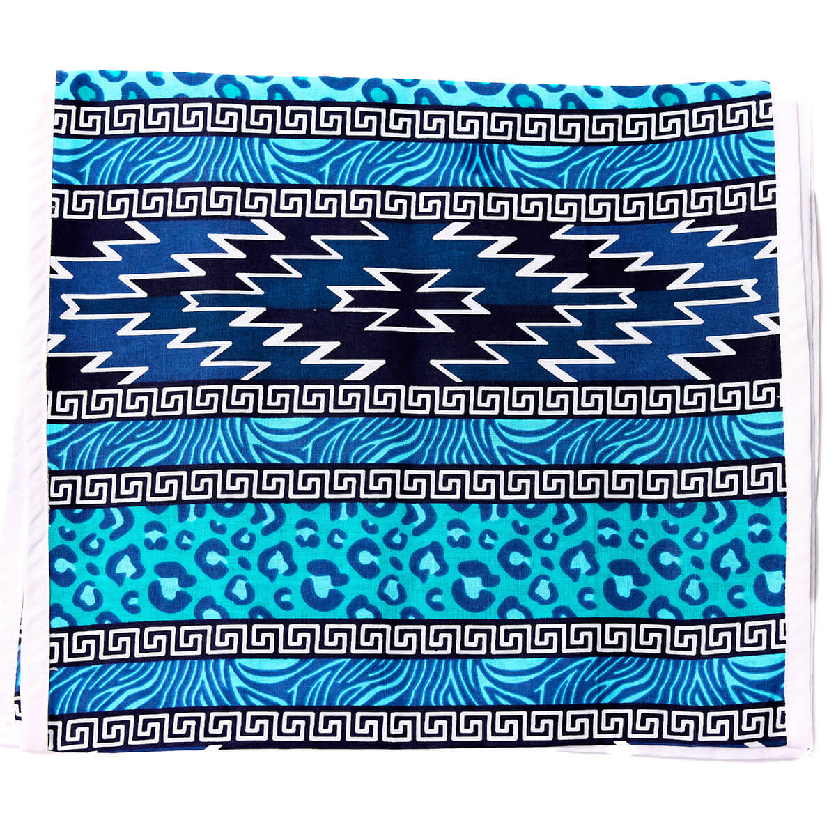 Blue and black African print headwrap featuring zebra, leopard, and Greek key patterns on soft fabric.