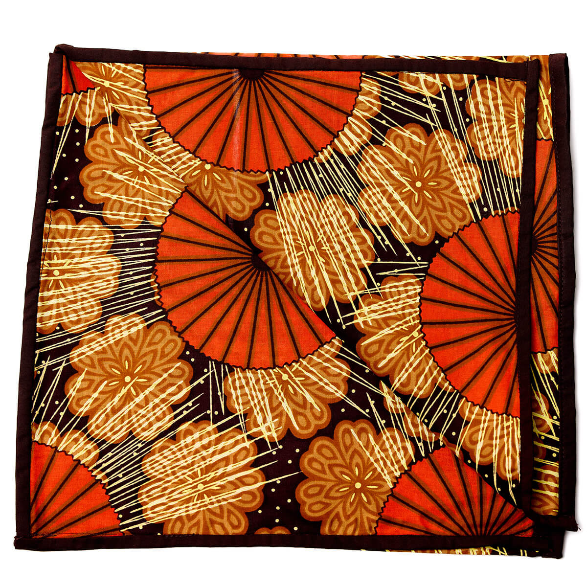 Brown and orange floral African print headwrap with geometric patterns and earthy tones, made from lightweight fabric.
