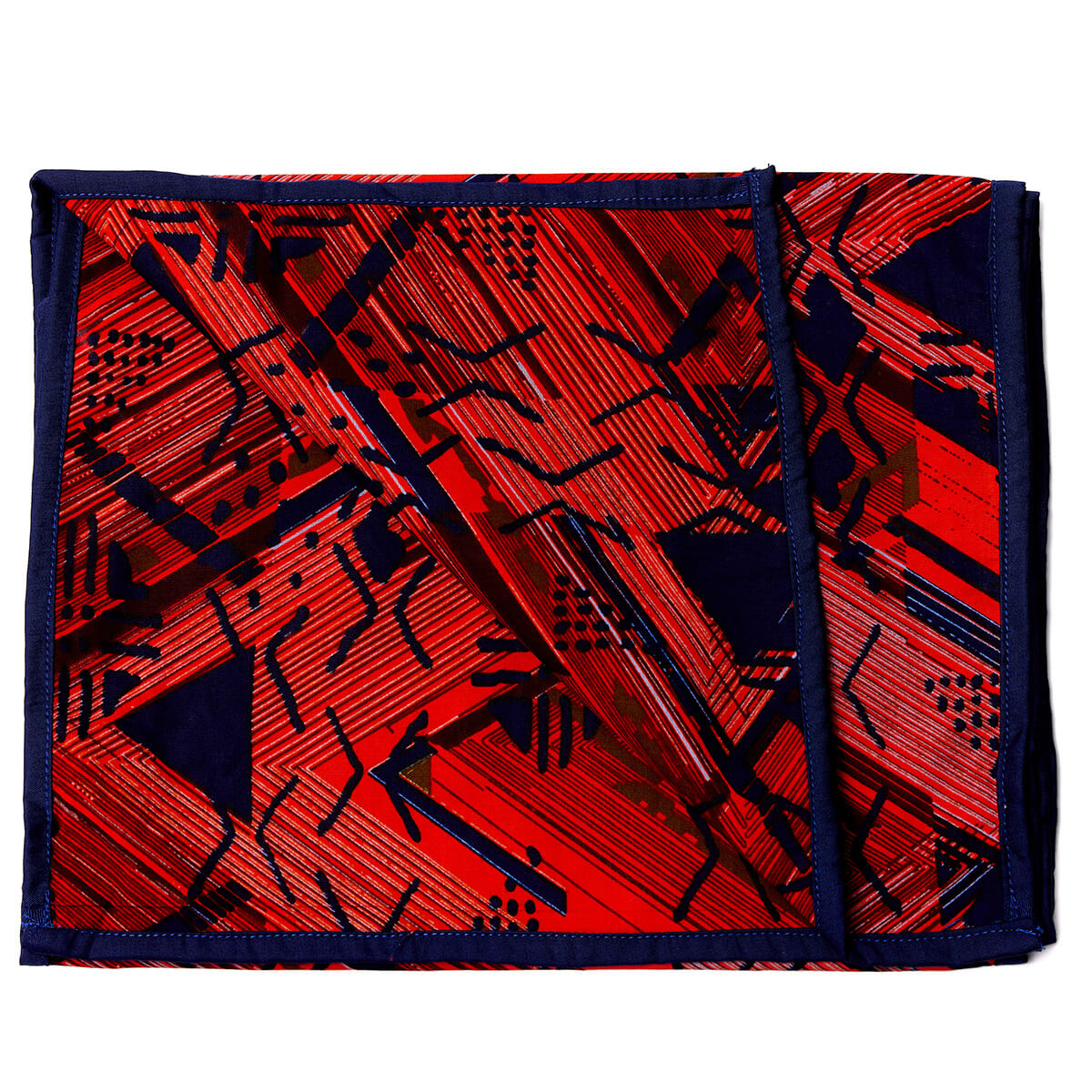 Red and black abstract African print headwrap featuring geometric patterns on soft fabric.