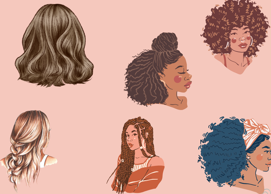 a mix of graphics potraying different women with different hair textures and hairstyles