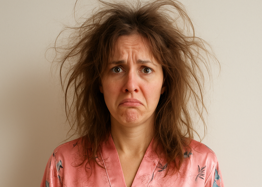 image of a Caucasian woman with thinning unkempt hair and a frown on her face to show displeasure about unruly hair