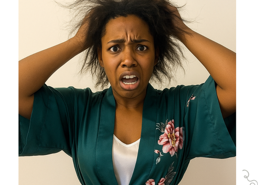 image of a dark skinned woman with her hands in her unkempt hair and a look of despair on her face 