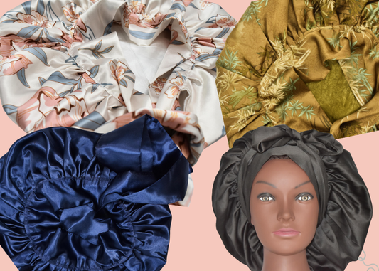 image of various silk bonnets, one bonnet is on a dark skinned mannequin head