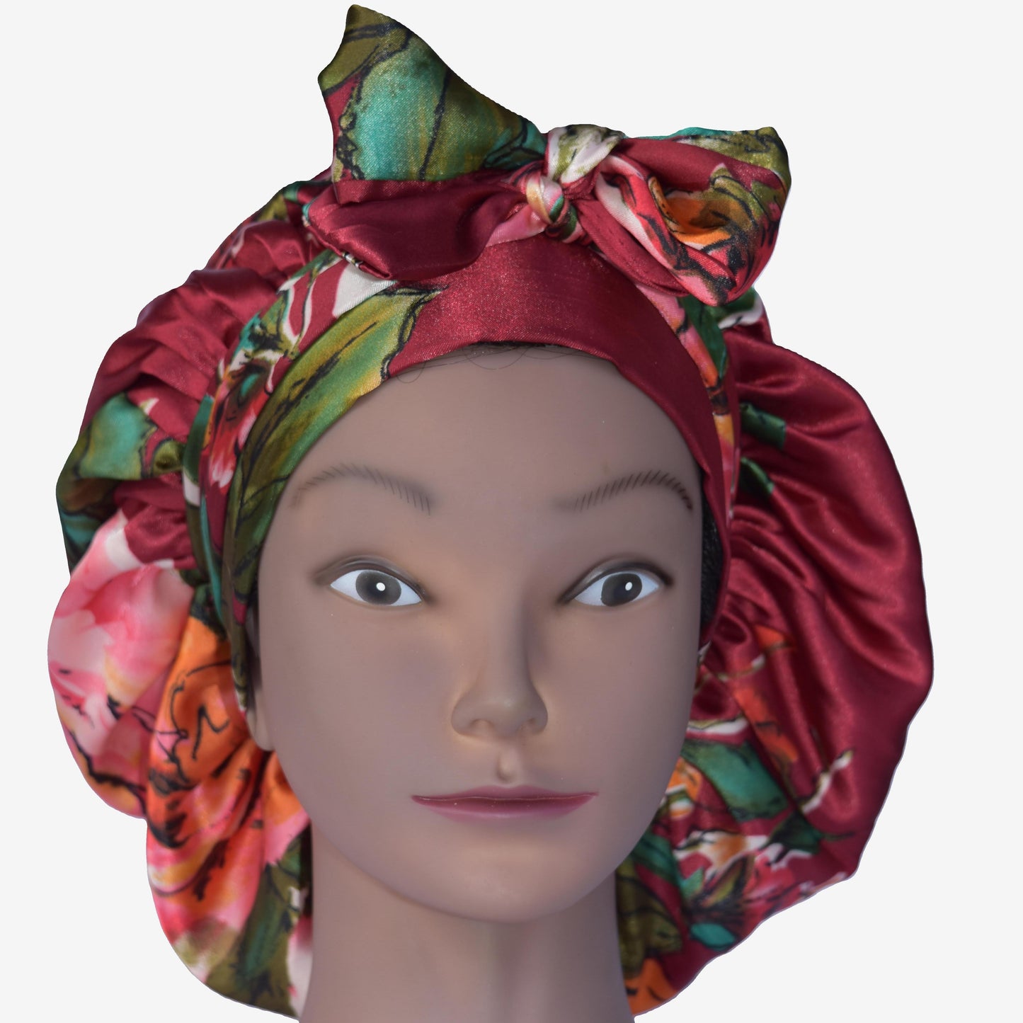 Crimson Bloom Satin Tie Bonnet