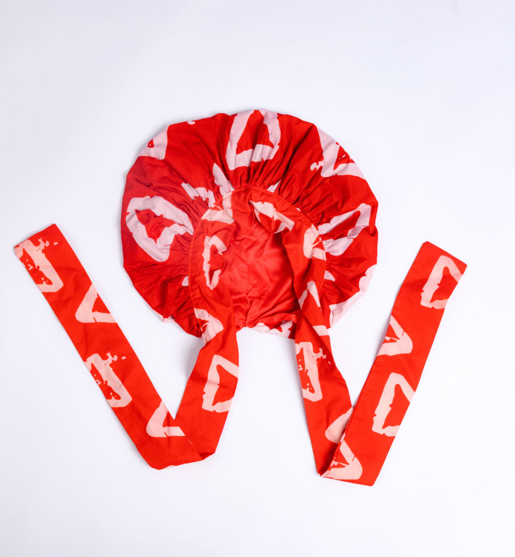 Silk lined cotton tie bonnet for overnight hair protection