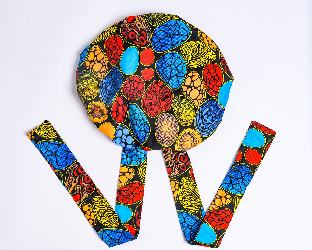 Blue and orange breathable cotton bonnet with silk lining