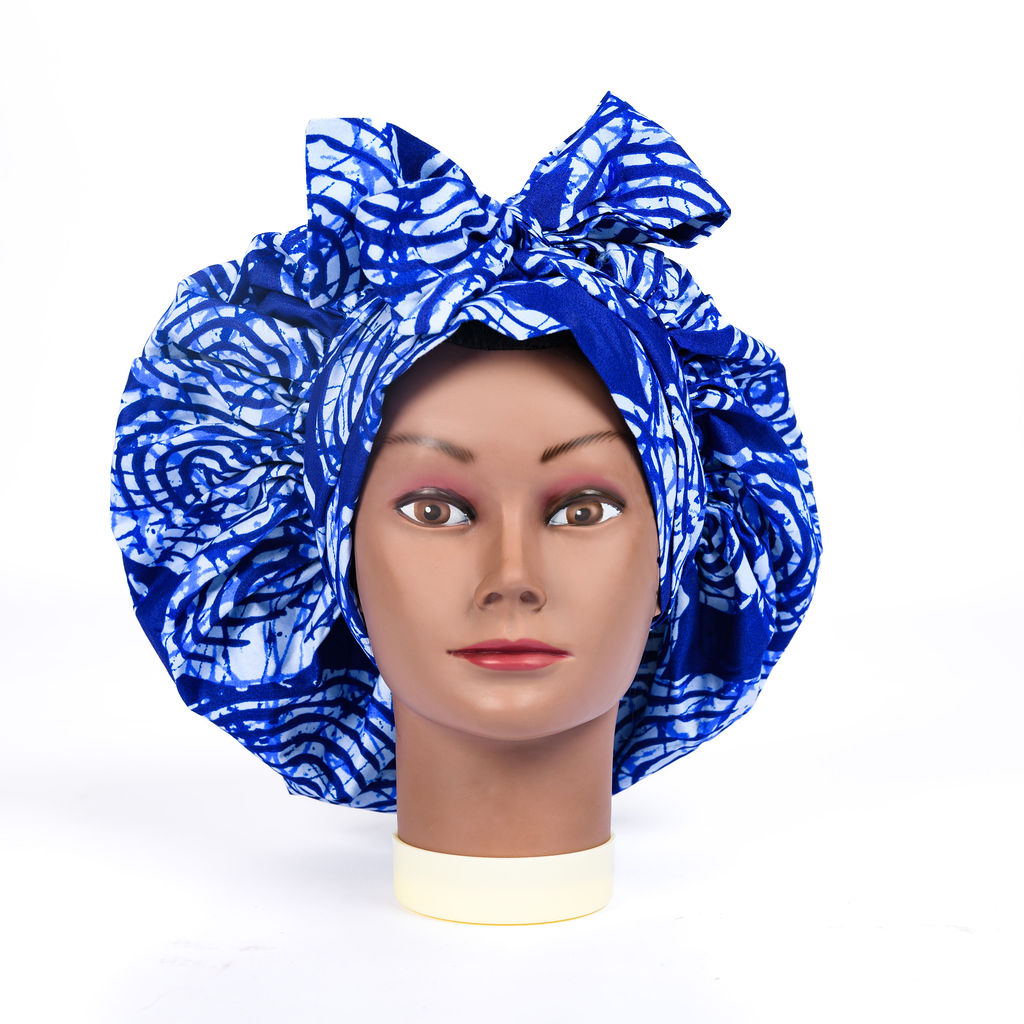 Amani cotton and silk bonnet for curly hair in blue and white print