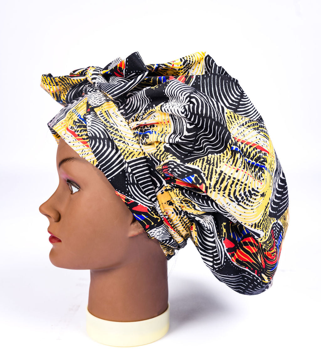 Black and gold breathable cotton bonnet with silk lining