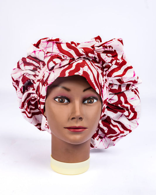 Red and blush natural fibre bonnet with adjustable ties