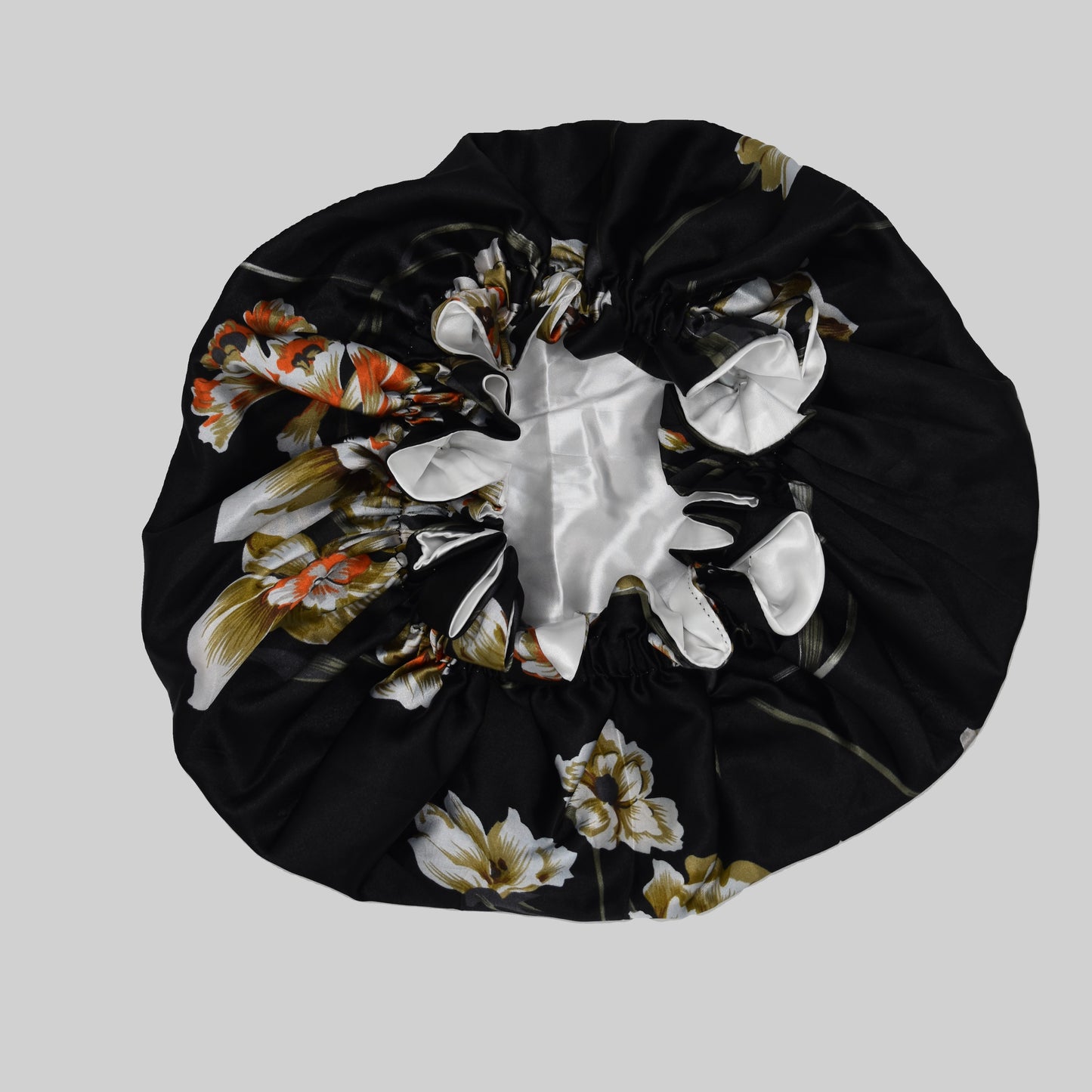 Dusky Dahlia satin ruffle bonnet