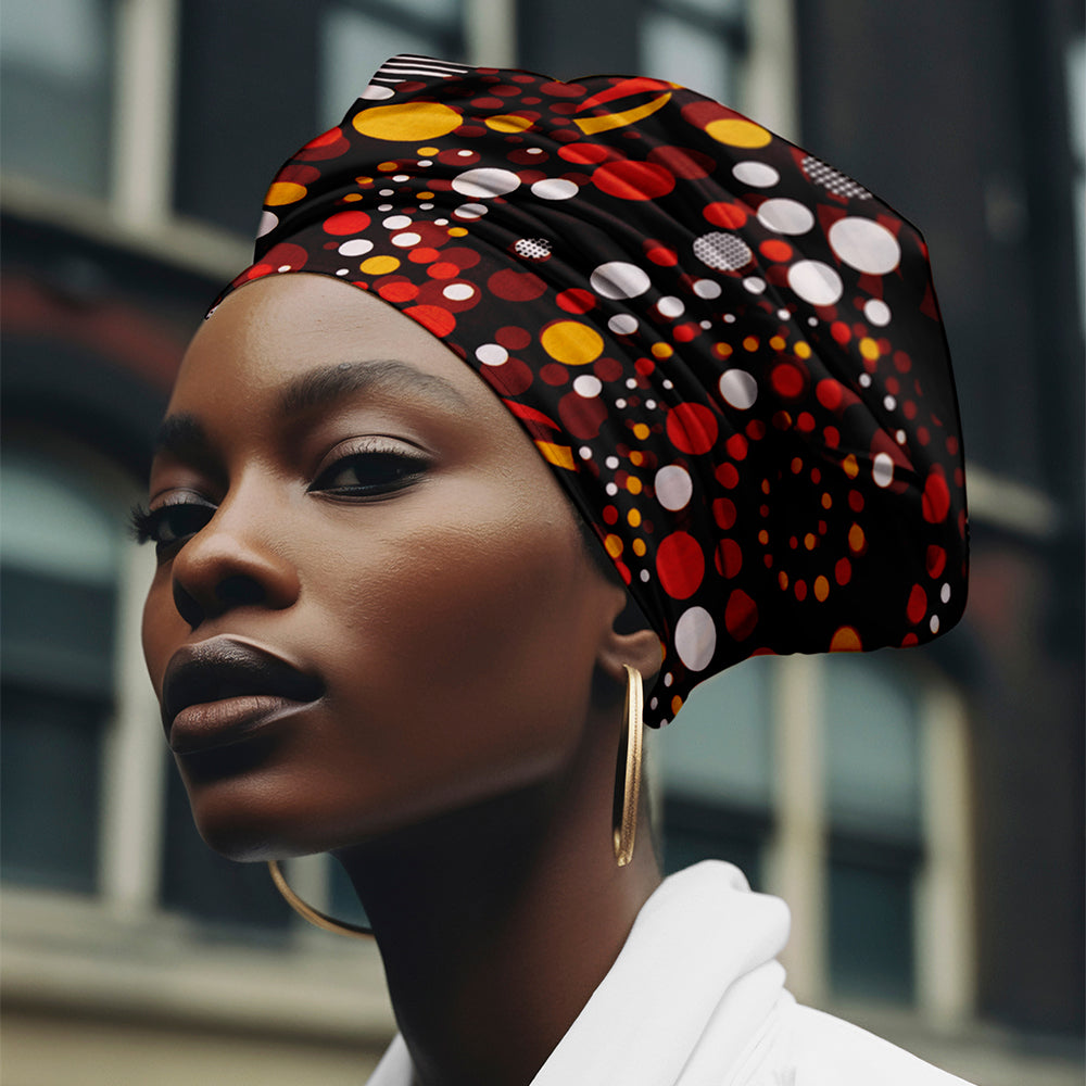 Woman wearing red and orange African print headwrap with bold circular patterns, styled for natural and curly hair.