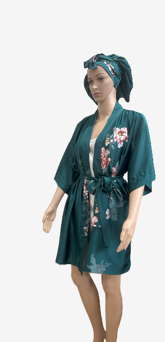Nia Satin Robe, slip and Bonnet Set