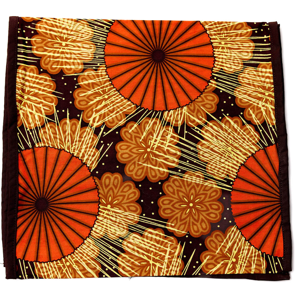 Brown and orange floral African print headwrap with geometric patterns and earthy tones, made from lightweight fabric.