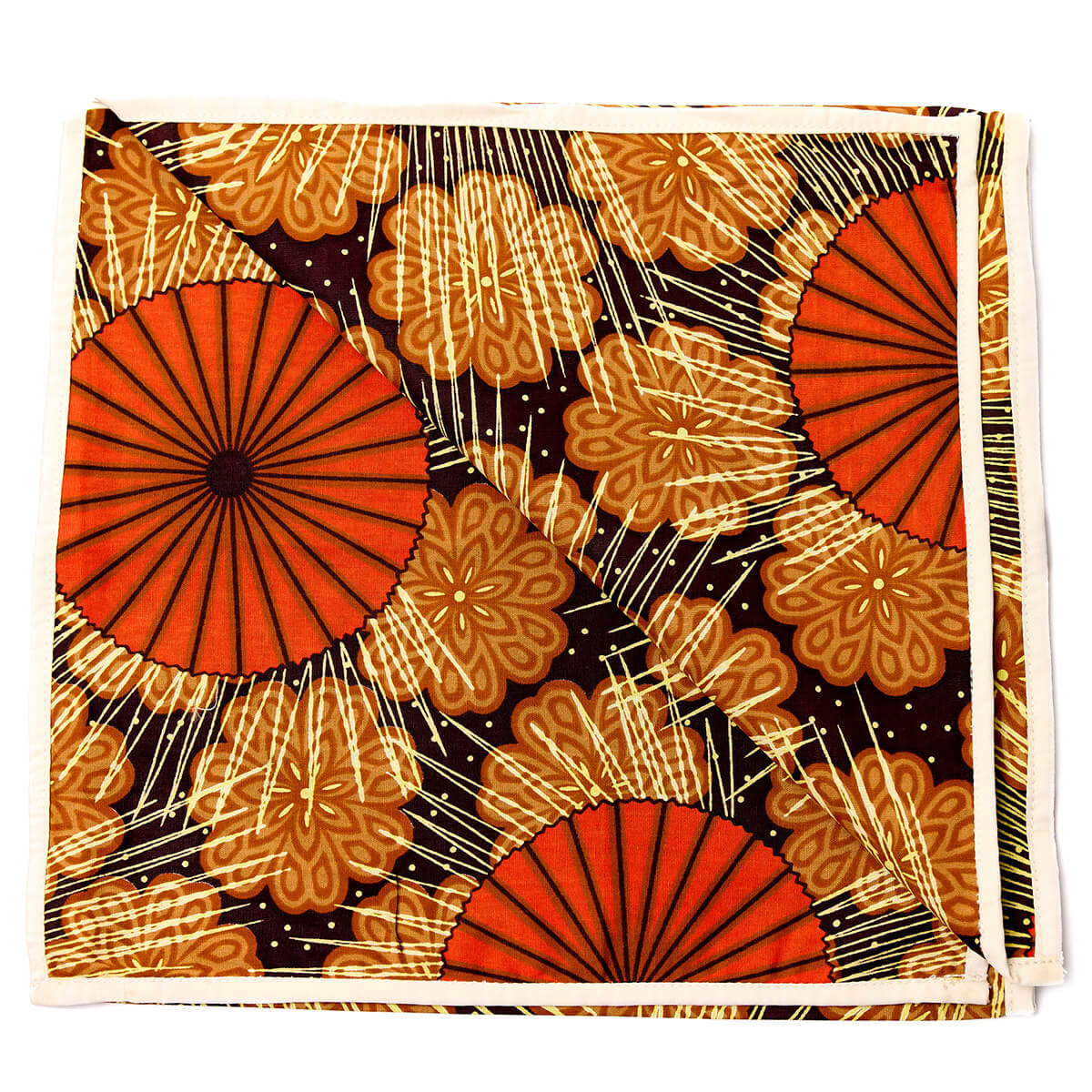Brown and orange floral African print headwrap with geometric patterns and earthy tones, made from lightweight fabric.