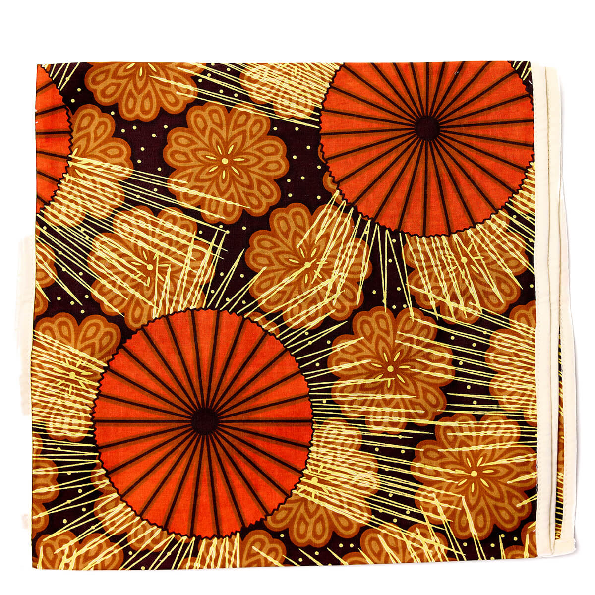 Brown and orange floral African print headwrap with geometric patterns and earthy tones, made from lightweight fabric.