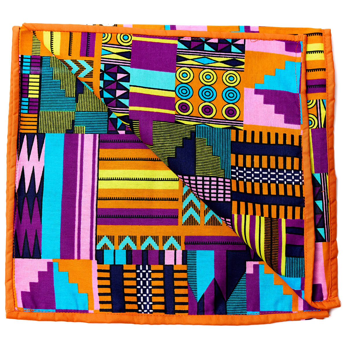 Vibrant African print headwrap with bold geometric patterns in orange, purple, blue, and yellow tones.