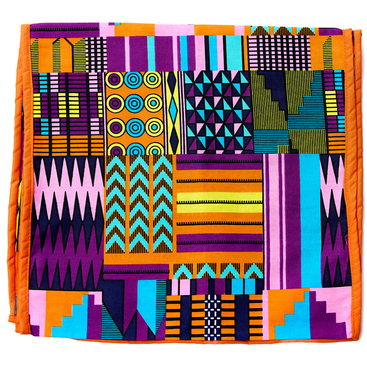 Vibrant African print headwrap with bold geometric patterns in orange, purple, blue, and yellow tones.