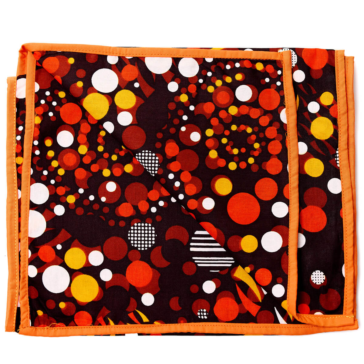 Red, orange, and white African print headwrap featuring circular dot patterns on soft fabric.