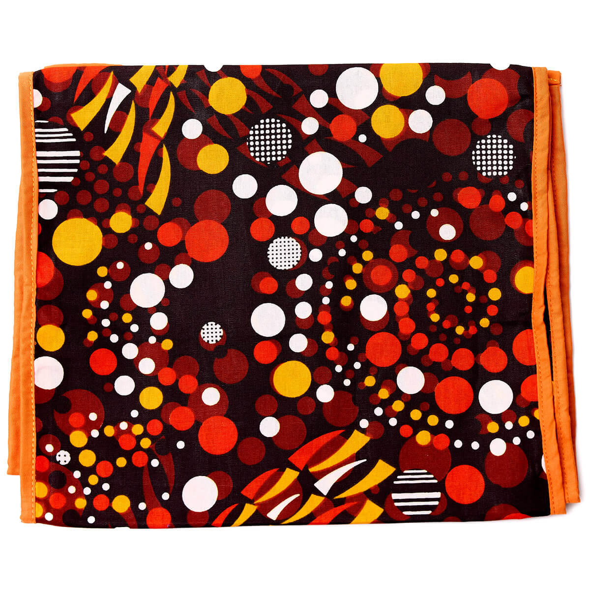 Red, orange, and white African print headwrap featuring circular dot patterns on soft fabric.